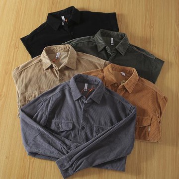 重點推薦！100全棉復古燈芯絨 外滿男裝秋季休閑純色寬松長袖襯衫