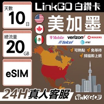 【LinkGO】白鑽卡 美加墨 eSIM卡 10天上網卡 總流量20GB 高速流量(美國 加拿大 墨西哥)