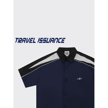 TRAVEL ISSUANCE 是非對錯 美式學院插肩撞色刺繡寬松短袖襯衫BF