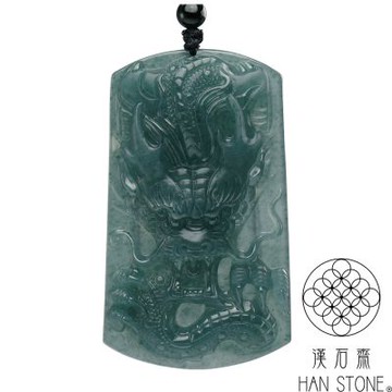 【漢石齋】天然翡翠A貨 護主龍牌玉佩吊墜 冰種藍水飄花(40*68*10mm)