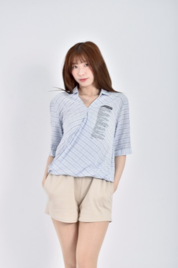 加購優惠(M) c you質感格紋印花五分袖藍色短袖上衣