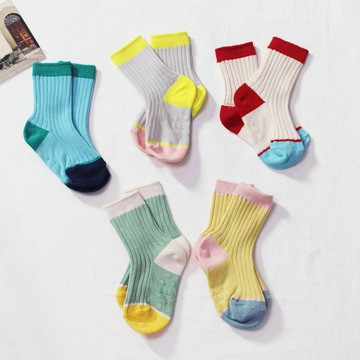 韓國連線 - (五入組)韓製兒童羅紋中筒襪-活力撞色