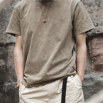 馬登工裝日系復古水洗做舊蠟染短Tee阿美咔嘰夏季休閒短袖男