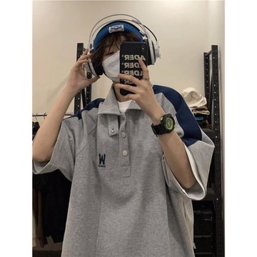 花灰色短袖男款polo衫夏季日系復古320g重磅t恤潮牌潮流七分半袖