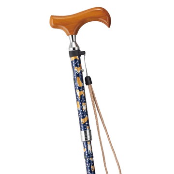 可愛狗狗圖案 摺疊鋁製手杖・深藍色 75-85cm 纖細頸部 木質握把 掛繩 收納套