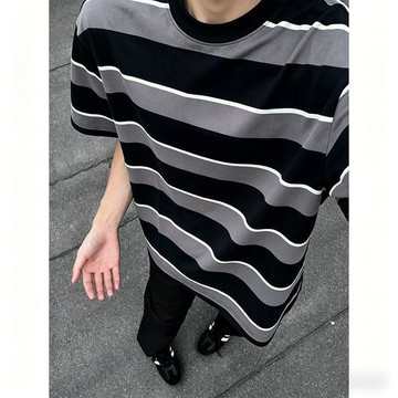 兩件裝夏新款數碼印短袖t恤條紋男士潮牌簡約女寬鬆個性上衣休閒素T 男裝大尺碼 加大尺碼 短袖 寬鬆
