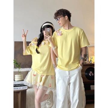 小眾不撞款情侶裝2025新款夏季法式立體花朵短袖體恤設計感上衣潮