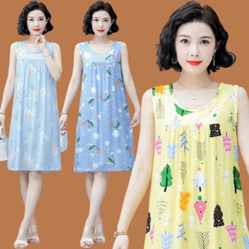 大尺碼棉綢睡衣睡裙女o夏季薄款無袖洋裝子人造棉中老年寬松居家