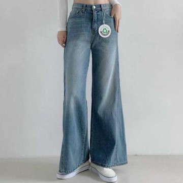 正韓牛仔褲 斜切喇叭長褲DNY0785-創翊韓都