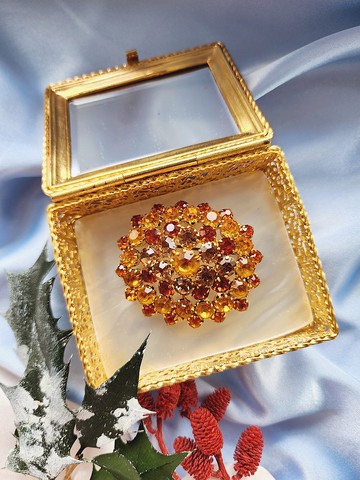 美國西洋古董飾品 / 奧地利1950年琥珀黃澄金鑽胸針/別針/墜飾