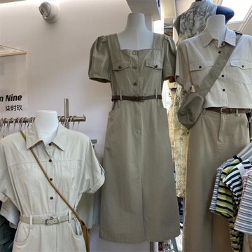 方領泡泡袖連衣裙女配腰帶2023夏季新款修身顯瘦開叉長裙子襯衫裙