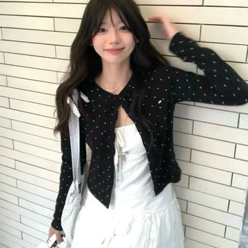 Muun Studio 長袖黑色波點外套巨好看的薄款小香風針織開衫上衣女