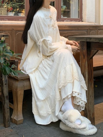 森系毛呢半裙白色蛋糕裙半身裙女秋冬蕾絲長裙日系文藝小個子裙子【雲木雜貨】