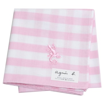 agnes b 條紋品牌蜥蜴圖騰LOGO刺繡帕領巾(粉紅/白底)