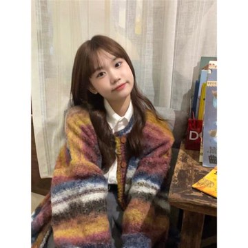 復古彩色條紋毛衣女秋冬新款慵懶風寬松小眾學生開衫針織上衣外套