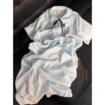 ♡ 𝑪𝒉𝒊𝒄 𝒖 ♡藍色系帶短袖睡裙女夏季新款大碼甜美波點家居裙子可外穿