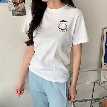 左胸 憂傷相撲男孩 中性短袖T恤 白色 富士山日本東京日文禮物