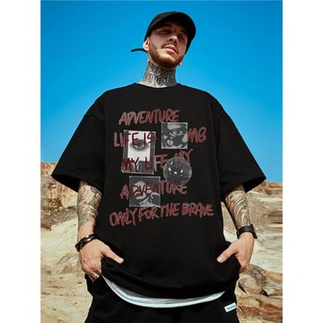 重磅美式復古短袖t恤街頭大碼黑色圓領純棉胖子加肥加大半袖男潮