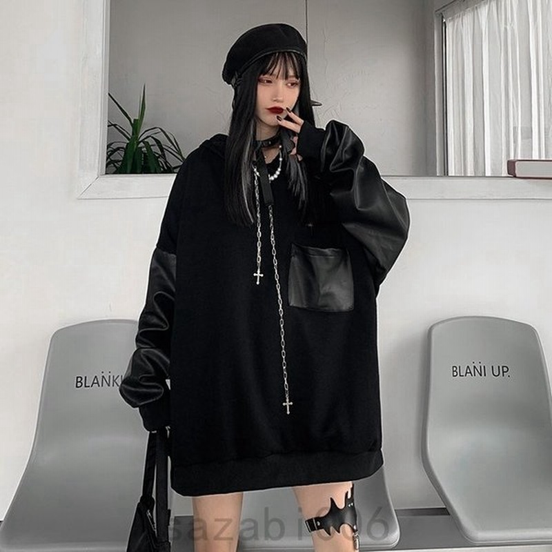パーカー レディース レザー 長袖 無地 切り替え モード系 韓国 原宿系 ストリート系 通販 Lineポイント最大get Lineショッピング