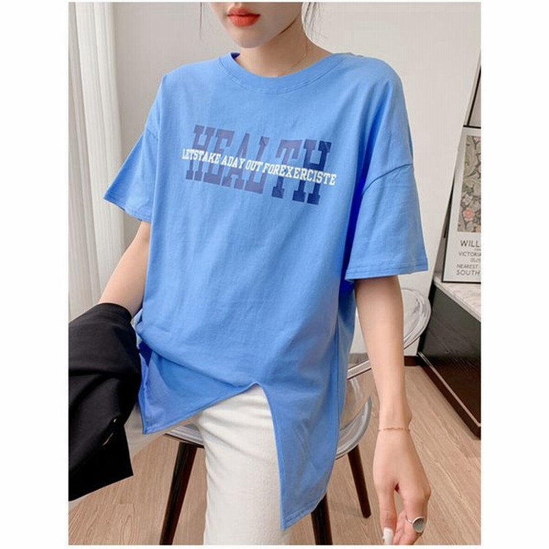 半袖tシャツ Tシャツ レディース ロングt 無地 トップス ゆるカットソー ロゴ ロゴt 文字 丸首 ゆったり 裾幅 スリット スポーツ 運動風 40代 通販 Lineポイント最大get Lineショッピング