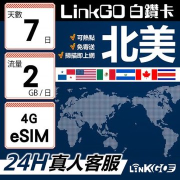 LinkGO白鑽卡 北美 eSIM卡 7天上網卡 每日2GB 高速流量(北美網卡 美國 加拿大 墨西哥 巴拿馬)