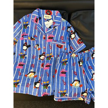 侘町2024年新款藍色音樂pingu短袖睡衣女夏季純棉棉紗家居服套裝