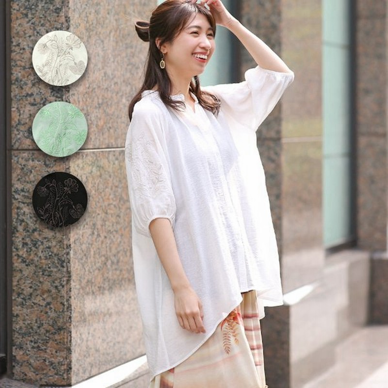 シャツ ブラウス トップス 羽織もの レディース 春 夏 五分袖 ボリューム袖 シアー 透け感 シースルー スタンドカラー 刺繍 ボタニカル刺繍シャツ Kscbd115 通販 Lineポイント最大0 5 Get Lineショッピング