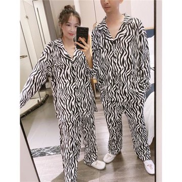 春秋季長袖情侶睡衣翻領純棉斑馬條紋寬松大碼胖mm200斤開衫套裝