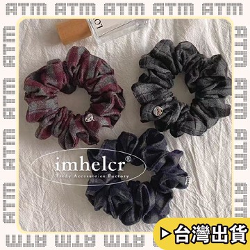 🔥臺灣出貨🔥可開發票✅輕飾時光日韓復古格紋銀標褶皺大腸髮圈秋冬質感新款日常百搭布藝發繩髮飾