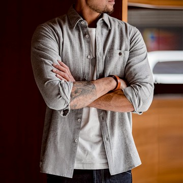 馬登工裝 美式休閒法蘭絨全棉襯衫灰色商務通勤磨毛長袖襯衫男秋