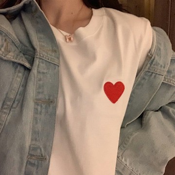 純棉短袖T恤女裝2022年新款刺繡愛心潮牌t恤白色情侶半袖打底衫