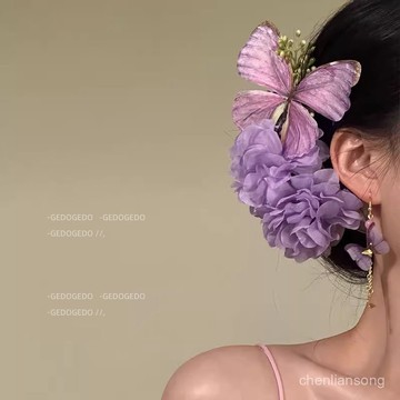 ⚡臺灣爆品⚡紫色超僊花朵蝴蝶鴨嘴夾女氛圍感側邊盤髮一字夾子甜美仿真花髮夾 TGCQ