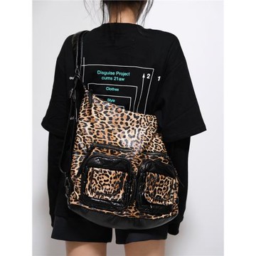 WOW原創Y2K千禧甜酷豹紋復古軟皮大容量機車包辣妹雙肩斜挎托特包