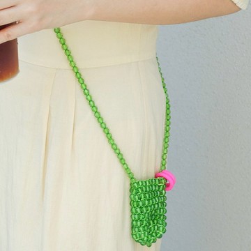 綠青提迷你透明斜跨串珠包耳機可愛口紅包