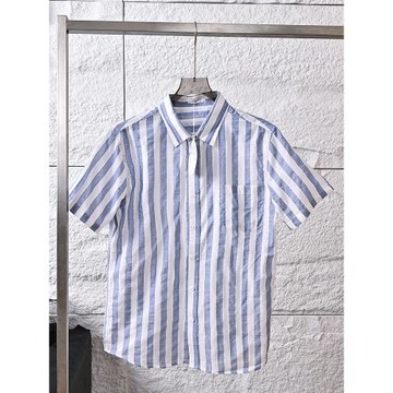 外貿單！夏季男士天然亞麻+棉親膚透氣豎條紋休閑短袖麻襯衫