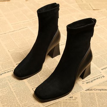 2023年初秋新款絨面短靴女拼接高跟顯瘦春秋馬丁靴時尚復古風單靴