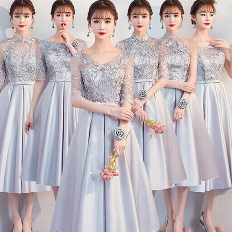 ブライズメイド ドレス ミモレ丈 ミニ丈 カラードレス 二次会 花嫁 ドレス ワンピース ウェディングドレス パーティードレス 発表会 結婚式 演奏会 グレー 通販 Lineポイント最大get Lineショッピング