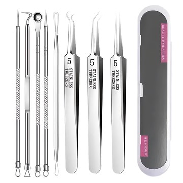 蕉蕉購物 超尖極細不鏽鋼黑頭粉刺夾8件組  1組  銀色