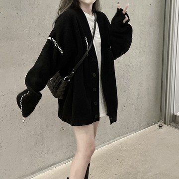 韓版黑色輕熟寬鬆慵懶風針織外套【J235】