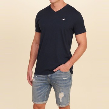 Hollister HCO 熱銷圓領刺繡小海鷗素面短袖T恤-深藍色