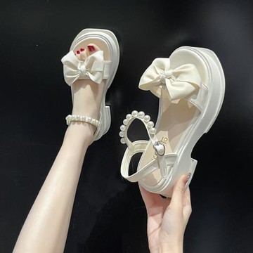 涼鞋女夏季平底2022新款高跟鞋珍珠蝴蝶結仙女風配裙子厚底羅馬鞋