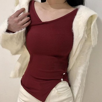 韓國東大門秋冬新款氣質緊身V領露鎖骨尖下襬顯身材長袖打底T恤女