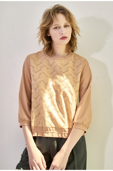 挑洞繡花異素材拼接針織衫