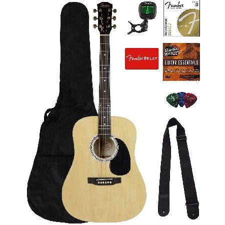 Fender Squier Dreadnought Acoustic Guitar Natural Bundle with Gig Bag, Tuner, Strap, Strings, Picks, Fender Play Online Lessons, and