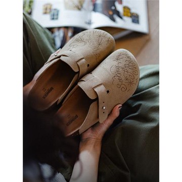 馬登插畫版穆勒鞋室外軟木休閑包頭涼拖外穿懶人一腳蹬厚底鞋女秋