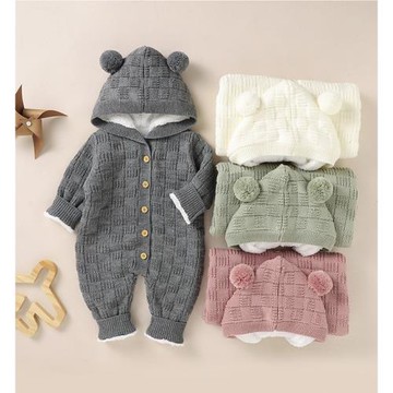 kakaINS歐美外貿秋冬嬰幼兒寶寶加絨連帽針織毛衣可愛爬服連體衣