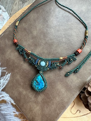 N1005 蠟線編織 藍矽銅礦 海藍寶珠 銅珠 頸鏈 (可調長度)民族風