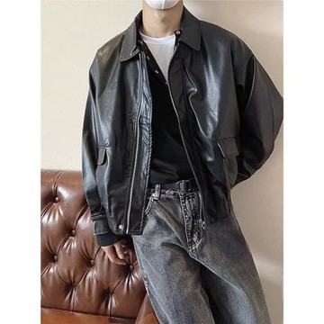 美式復古皮衣外套男款春秋季高級感痞帥潮牌休閑寬松翻領pu皮夾克