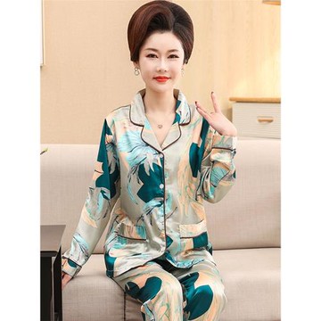 媽媽睡衣長袖冰絲春夏季薄款中年婦女士絲綢家居服加大碼真絲套裝