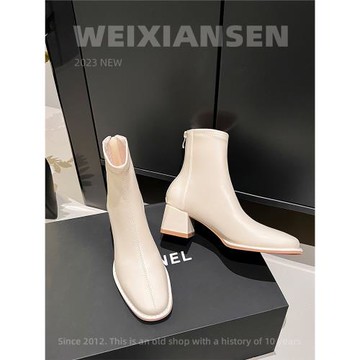 微先生 白色高跟鞋女秋 粗跟短靴女 后拉鏈軟皮5厘米中跟瘦瘦靴女